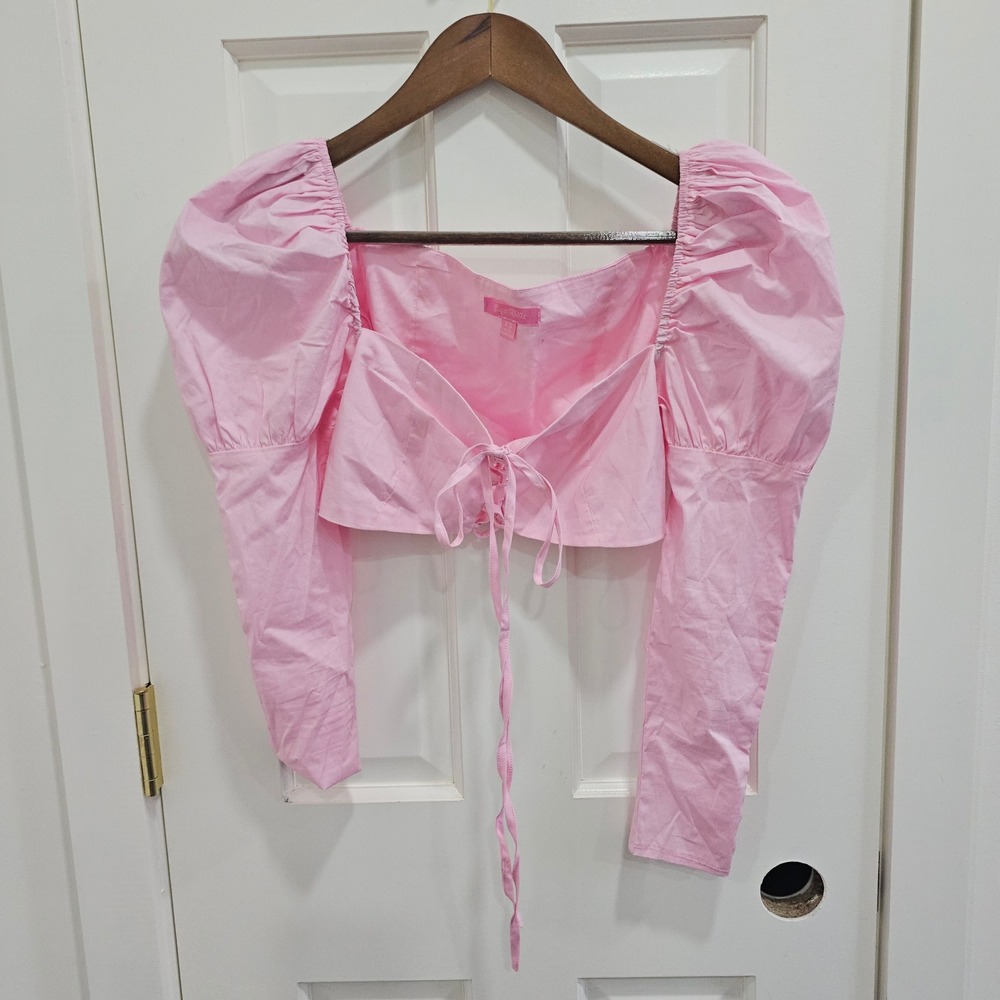 Sugar Thrillz Pink Puff Sleeve Lace Up Crop Top Womens XS AST20044 Dolls Kill
